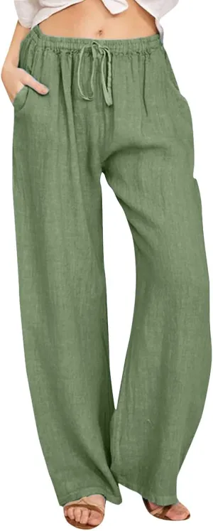 Women High Waisted Wide Leg Pants Fashion Drawstring Elastic Trousers Comfy Straight Leg Long Pants with Pockets