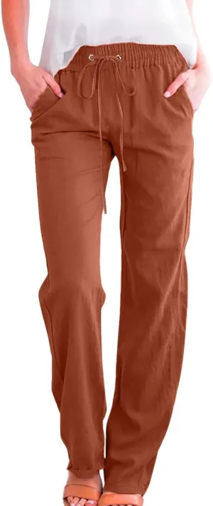 Women Linen Blend Summer Baggy Palazzo Lounge Pants Low Waist Ankle Length Slim-Fit Palazzo Lounge Pants Office