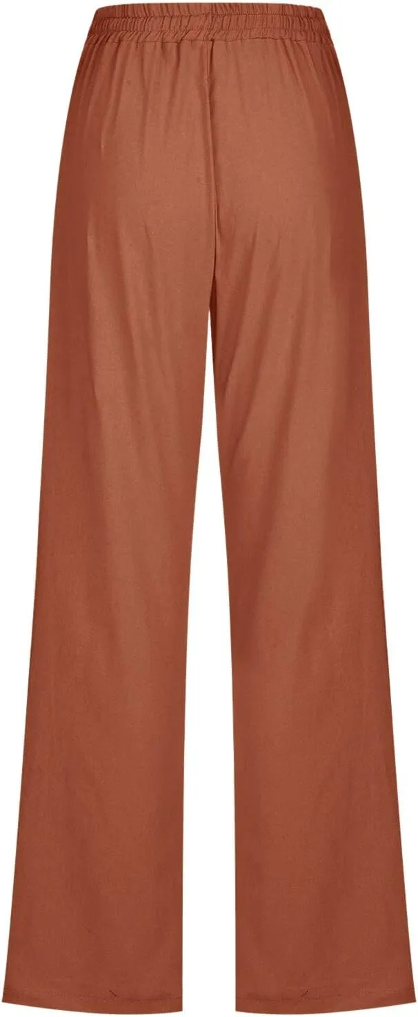 Women Linen Blend Summer Baggy Palazzo Lounge Pants Low Waist Ankle Length Slim-Fit Palazzo Lounge Pants Office