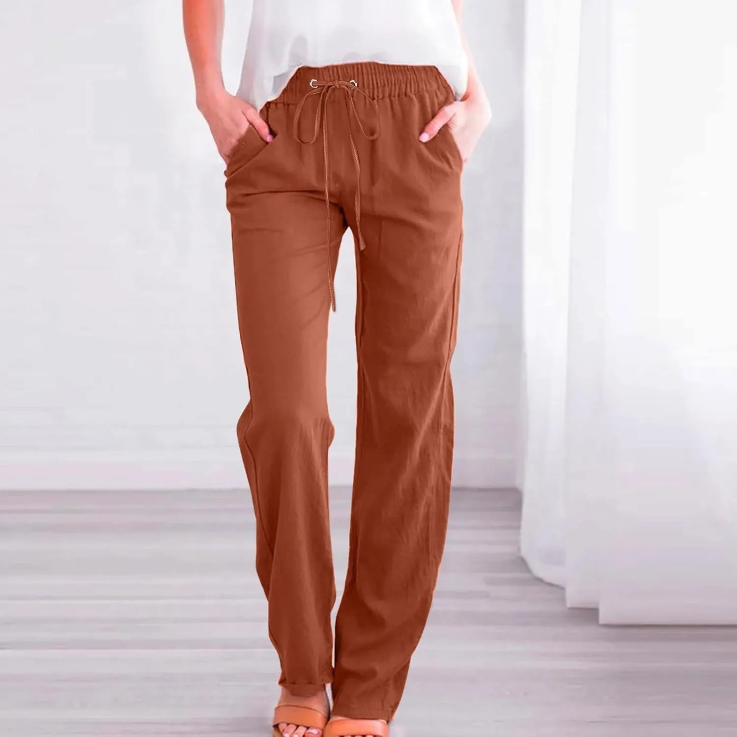 Women Linen Blend Summer Baggy Palazzo Lounge Pants Low Waist Ankle Length Slim-Fit Palazzo Lounge Pants Office