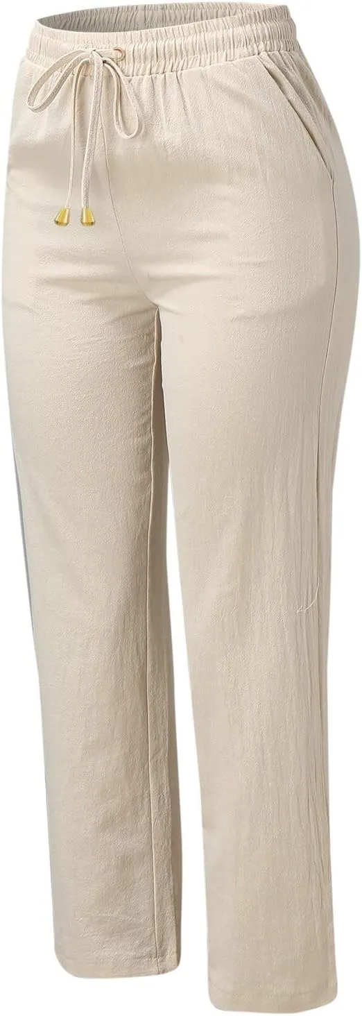 Women Linen Blend Summer Flowy Pant Trousers High Waist Long Lounge Slim Fit Pant Trousers Office
