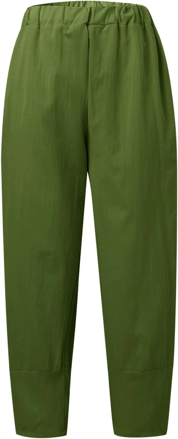 Women Linen Blend Summer Print Pant Trousers Low Waist Straight Loose Fit Pant Trousers Travel