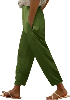 Women Linen Blend Summer Print Pant Trousers Low Waist Straight Loose Fit Pant Trousers Travel