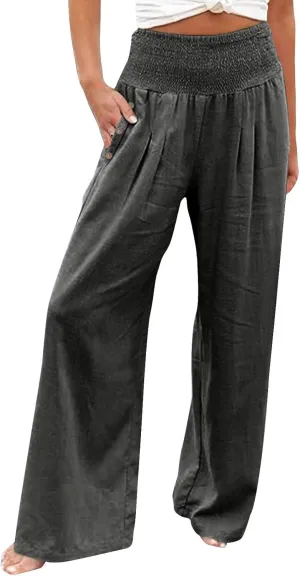 Women Linen Palazzo Pants 2024 Summer Casual Loose Beach Wide Leg Elastic High Waist Travel Lounge Pants with Pockets