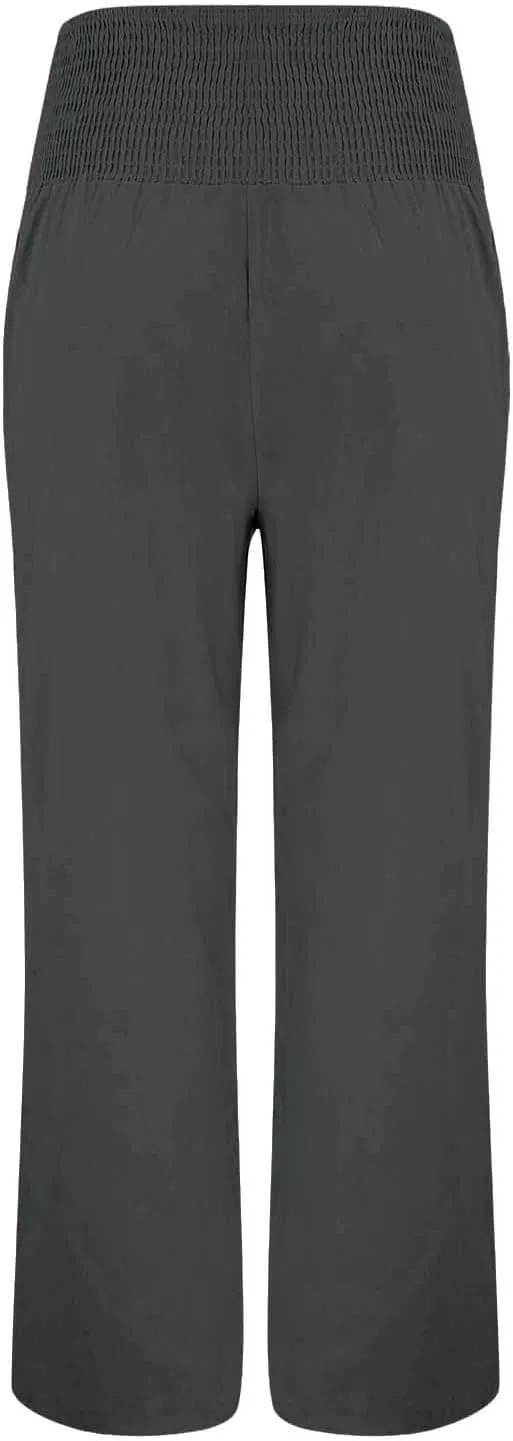 Women Linen Palazzo Pants 2024 Summer Casual Loose Beach Wide Leg Elastic High Waist Travel Lounge Pants with Pockets