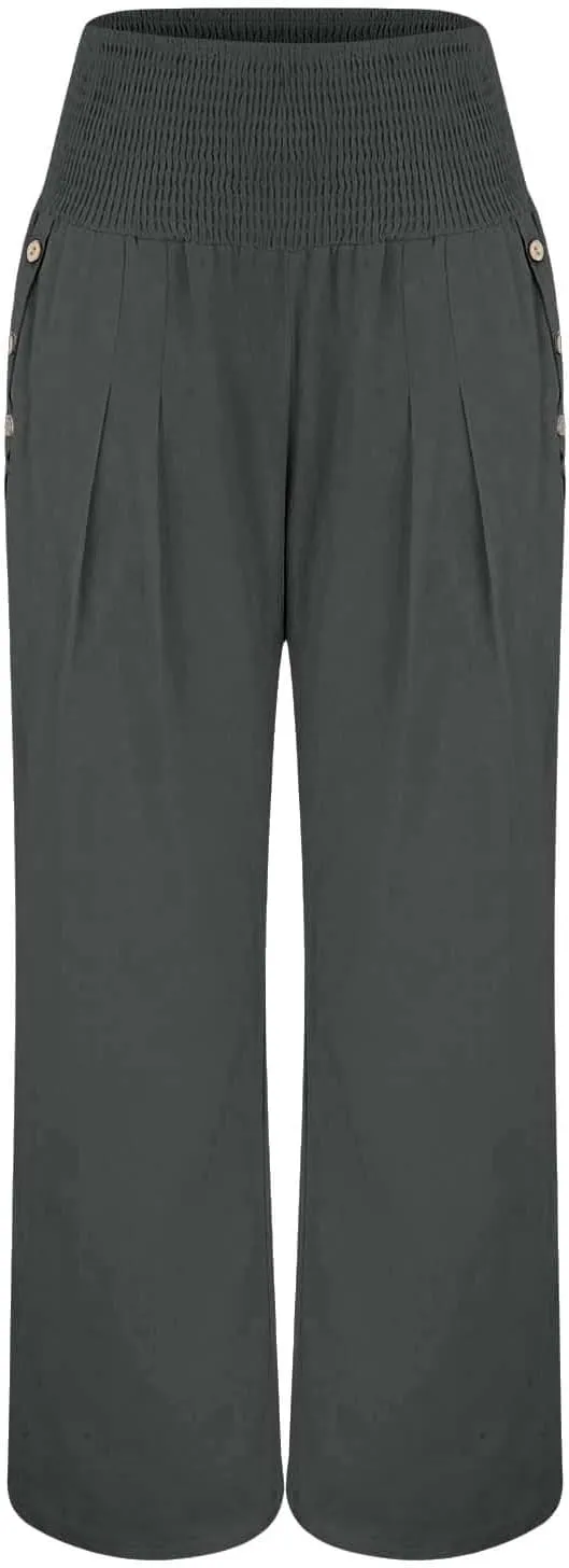 Women Linen Palazzo Pants 2024 Summer Casual Loose Beach Wide Leg Elastic High Waist Travel Lounge Pants with Pockets