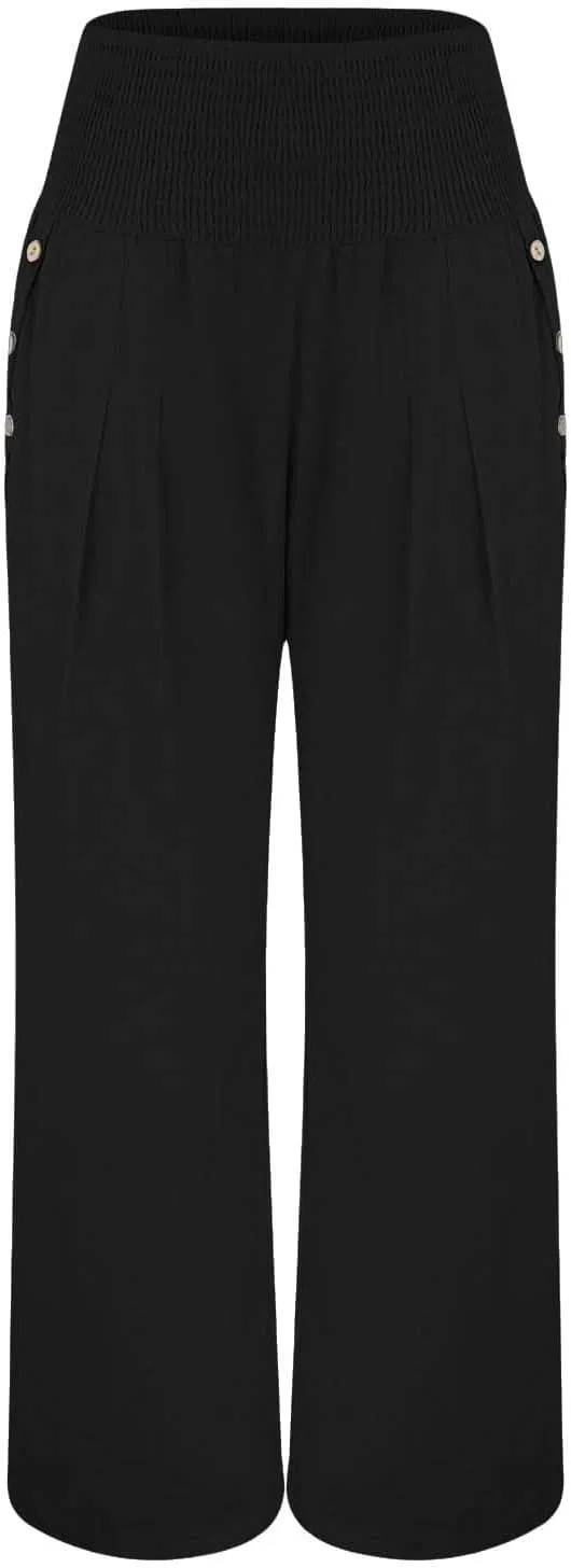 Women Linen Palazzo Pants 2024 Summer Casual Loose Beach Wide Leg Elastic High Waist Travel Lounge Pants with Pockets
