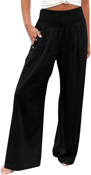 Women Linen Palazzo Pants 2024 Summer Casual Loose Beach Wide Leg Elastic High Waist Travel Lounge Pants with Pockets