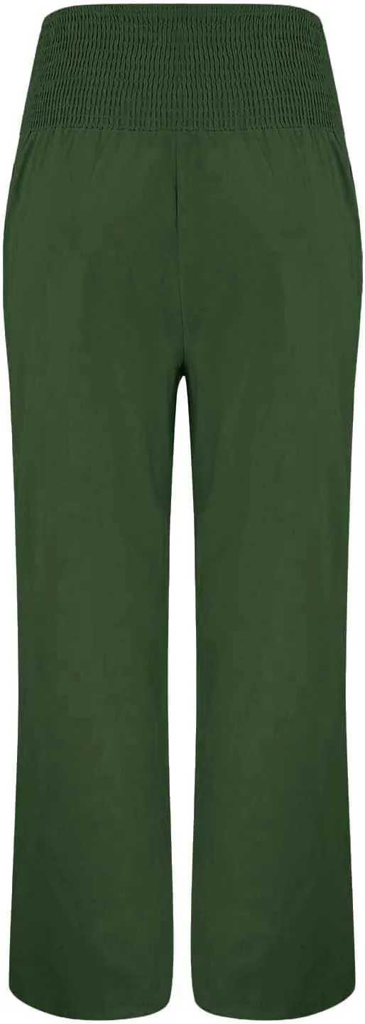 Women Linen Palazzo Pants 2024 Summer Casual Loose Beach Wide Leg Elastic High Waist Travel Lounge Pants with Pockets