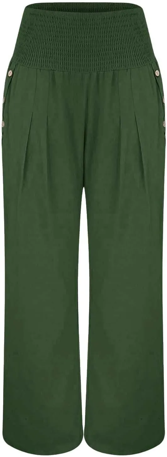 Women Linen Palazzo Pants 2024 Summer Casual Loose Beach Wide Leg Elastic High Waist Travel Lounge Pants with Pockets