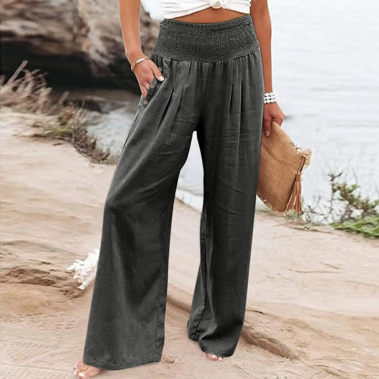 Women Linen Palazzo Pants 2024 Summer Casual Loose Beach Wide Leg Elastic High Waist Travel Lounge Pants with Pockets
