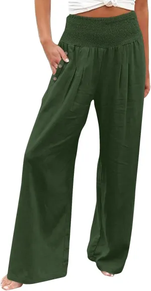 Women Linen Palazzo Pants 2024 Summer Casual Loose Beach Wide Leg Elastic High Waist Travel Lounge Pants with Pockets