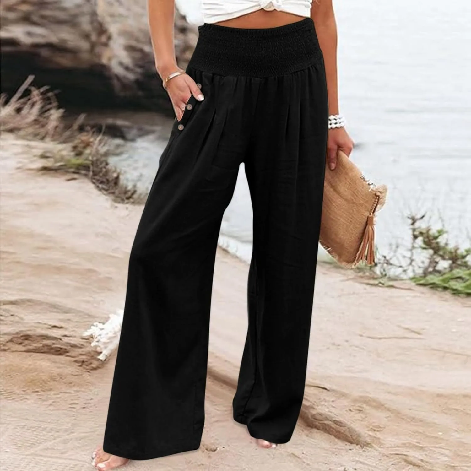 Women Linen Palazzo Pants 2024 Summer Casual Loose Beach Wide Leg Elastic High Waist Travel Lounge Pants with Pockets
