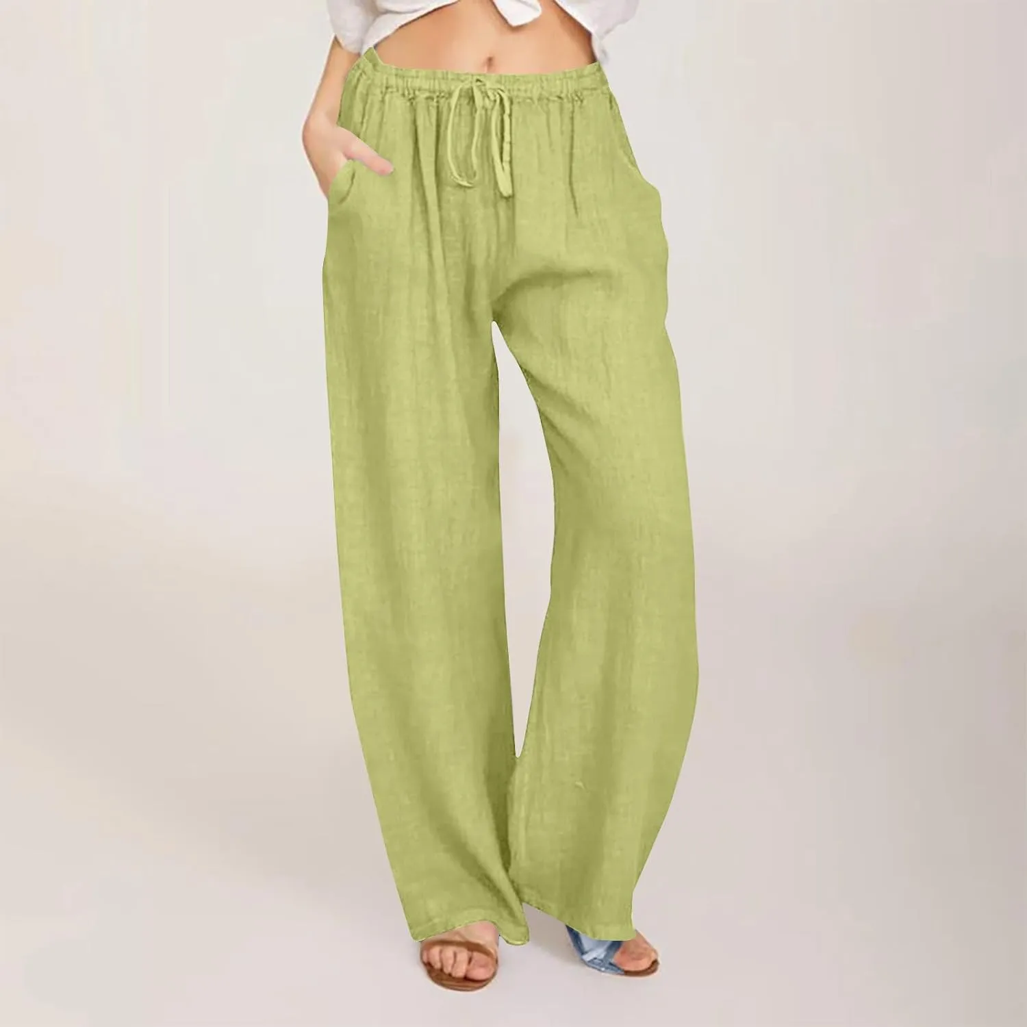 Women Linen Palazzo Pants 2025 Summer High Waisted Wide Leg Lounge Pant Drawstrings Beach Travel Trousers with Pocket