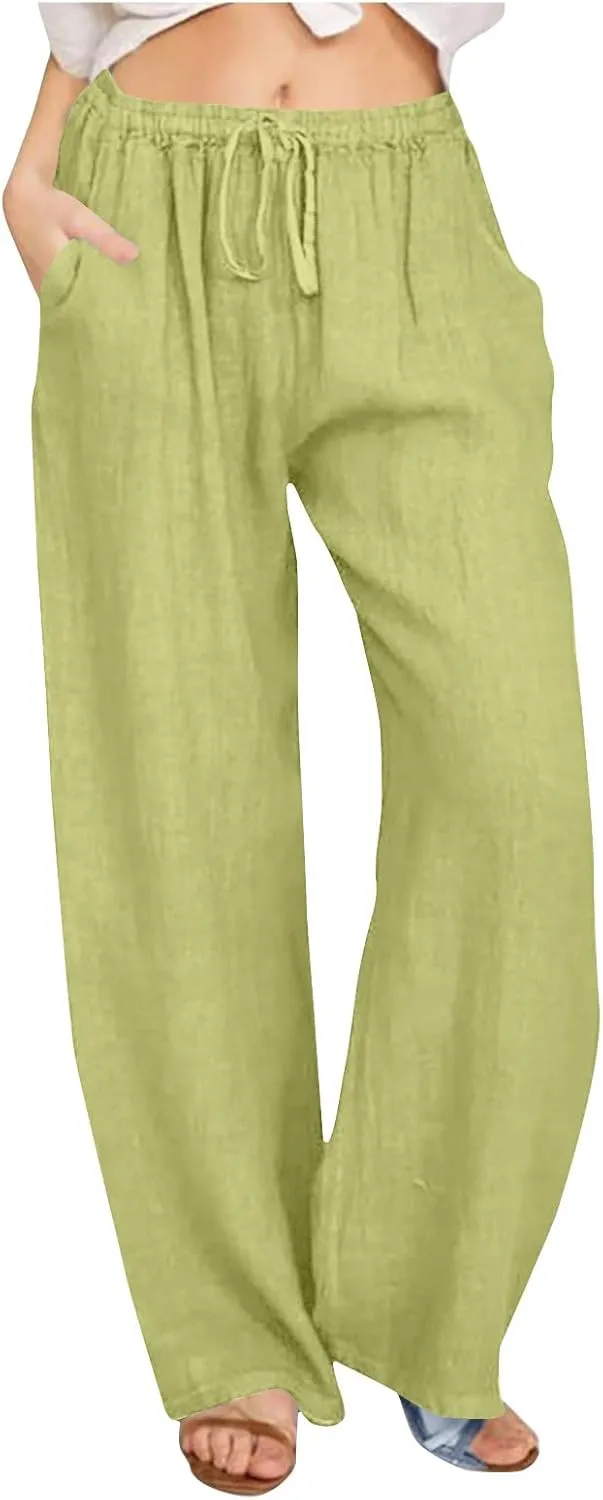 Women Linen Palazzo Pants 2025 Summer High Waisted Wide Leg Lounge Pant Drawstrings Beach Travel Trousers with Pocket
