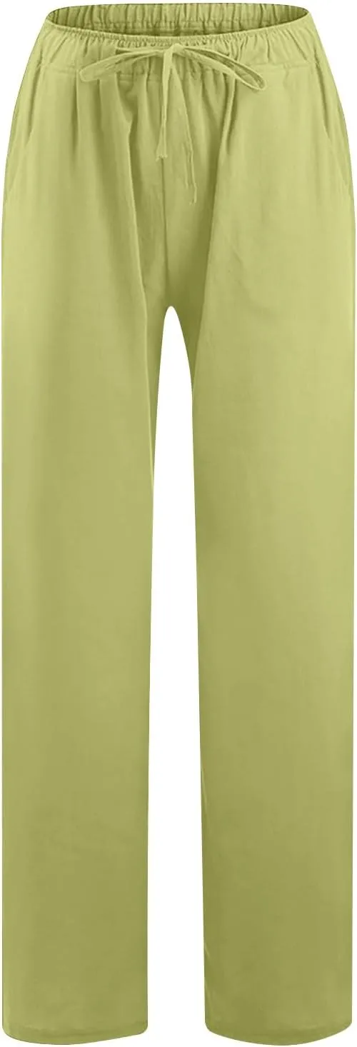 Women Linen Palazzo Pants 2025 Summer High Waisted Wide Leg Lounge Pant Drawstrings Beach Travel Trousers with Pocket