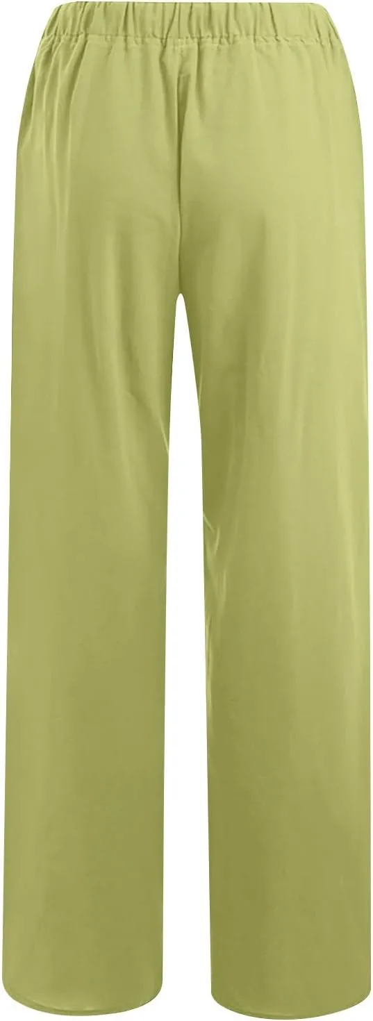 Women Linen Palazzo Pants 2025 Summer High Waisted Wide Leg Lounge Pant Drawstrings Beach Travel Trousers with Pocket