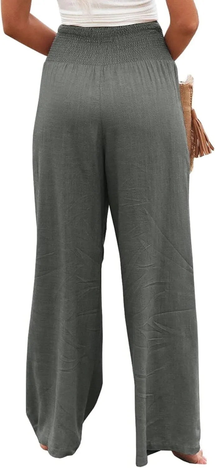 Women Linen Palazzo Pants High Waist Pant Wide Leg Flowy Pants Beach Vacation Clothes Casual Lounge Outfits