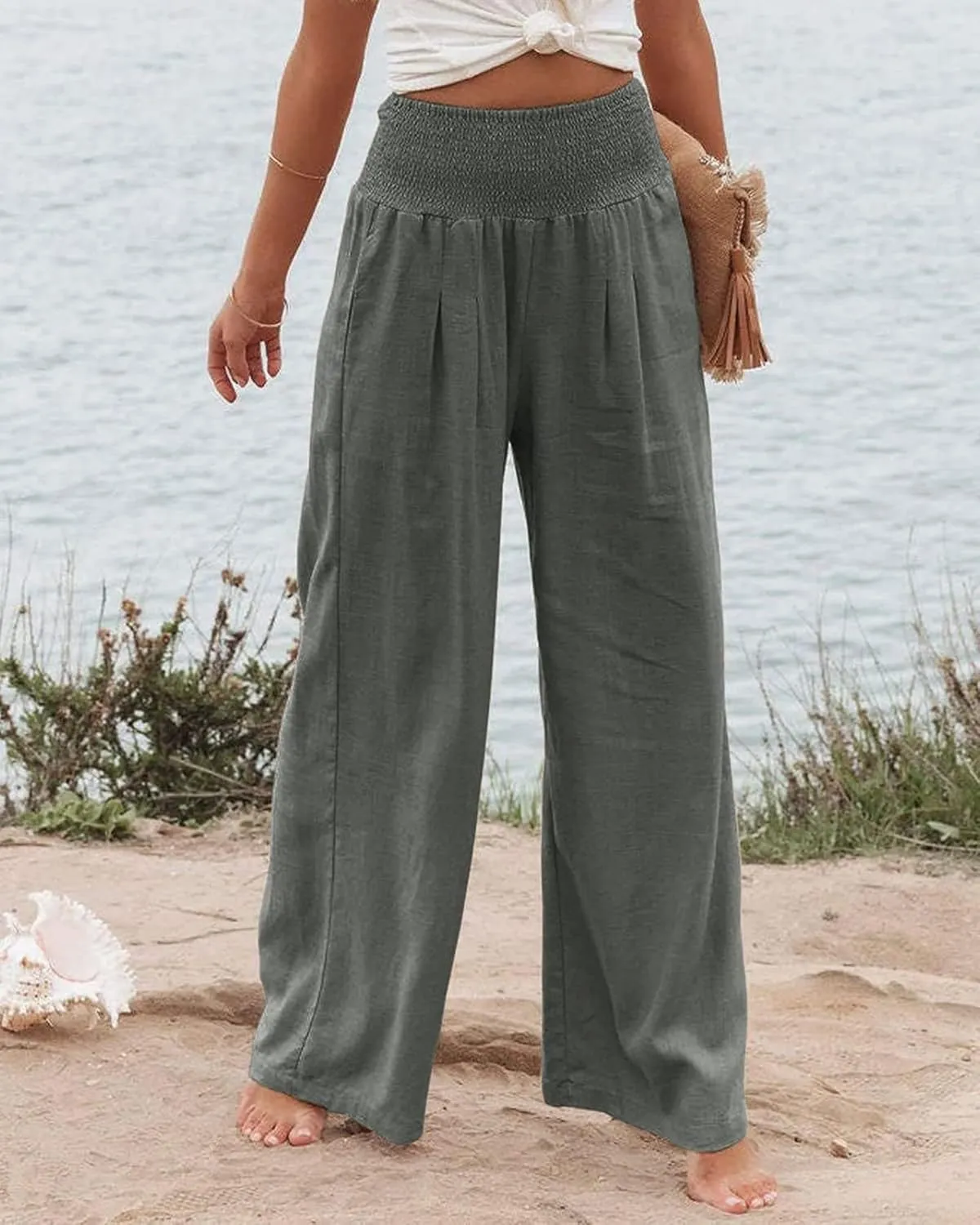 Women Linen Palazzo Pants High Waist Pant Wide Leg Flowy Pants Beach Vacation Clothes Casual Lounge Outfits