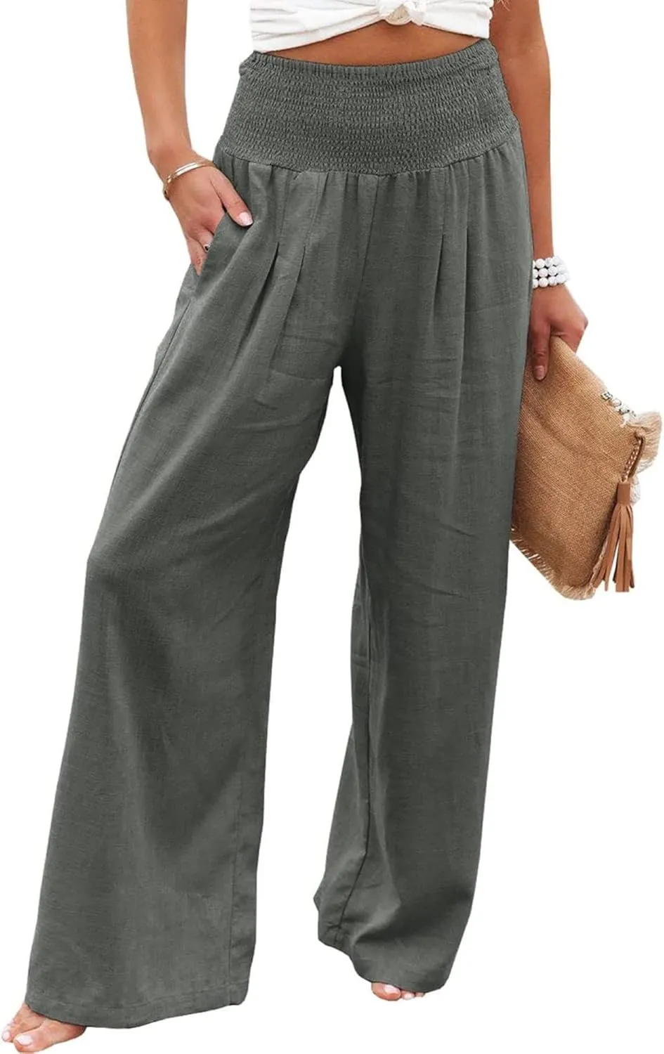 Women Linen Palazzo Pants High Waist Pant Wide Leg Flowy Pants Beach Vacation Clothes Casual Lounge Outfits
