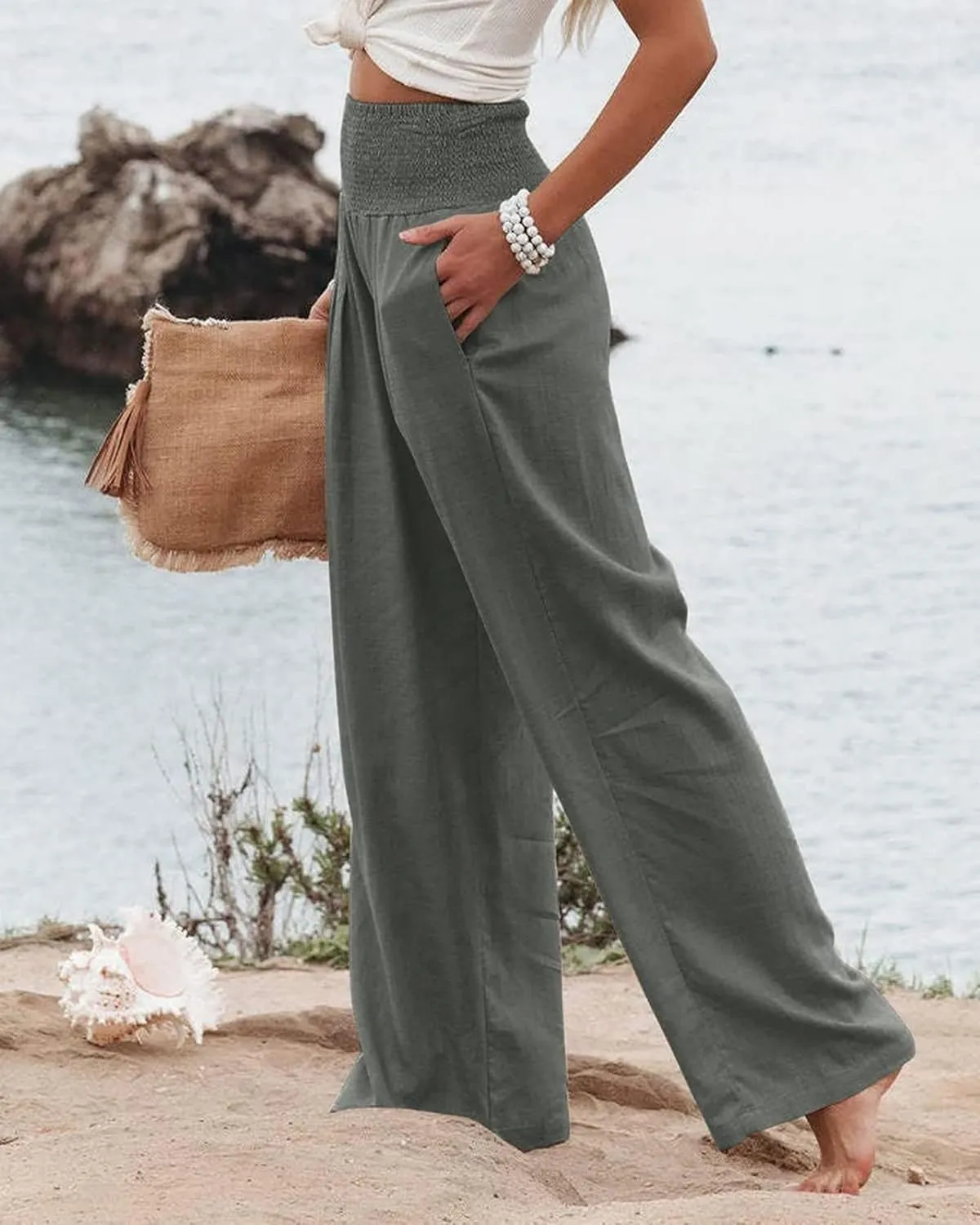 Women Linen Palazzo Pants High Waist Pant Wide Leg Flowy Pants Beach Vacation Clothes Casual Lounge Outfits