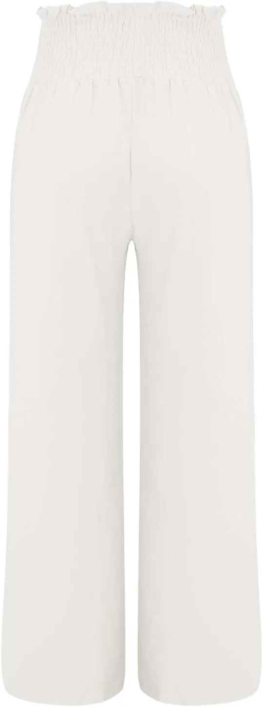 Women Linen Palazzo Pants Summer Wide Leg High Waisted Casual Cotton Long Lounge Yoga Beach Pant Trousers with Pocket