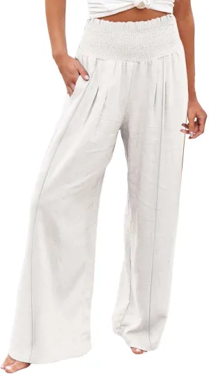 Women Linen Palazzo Pants Summer Wide Leg High Waisted Casual Cotton Long Lounge Yoga Beach Pant Trousers with Pocket