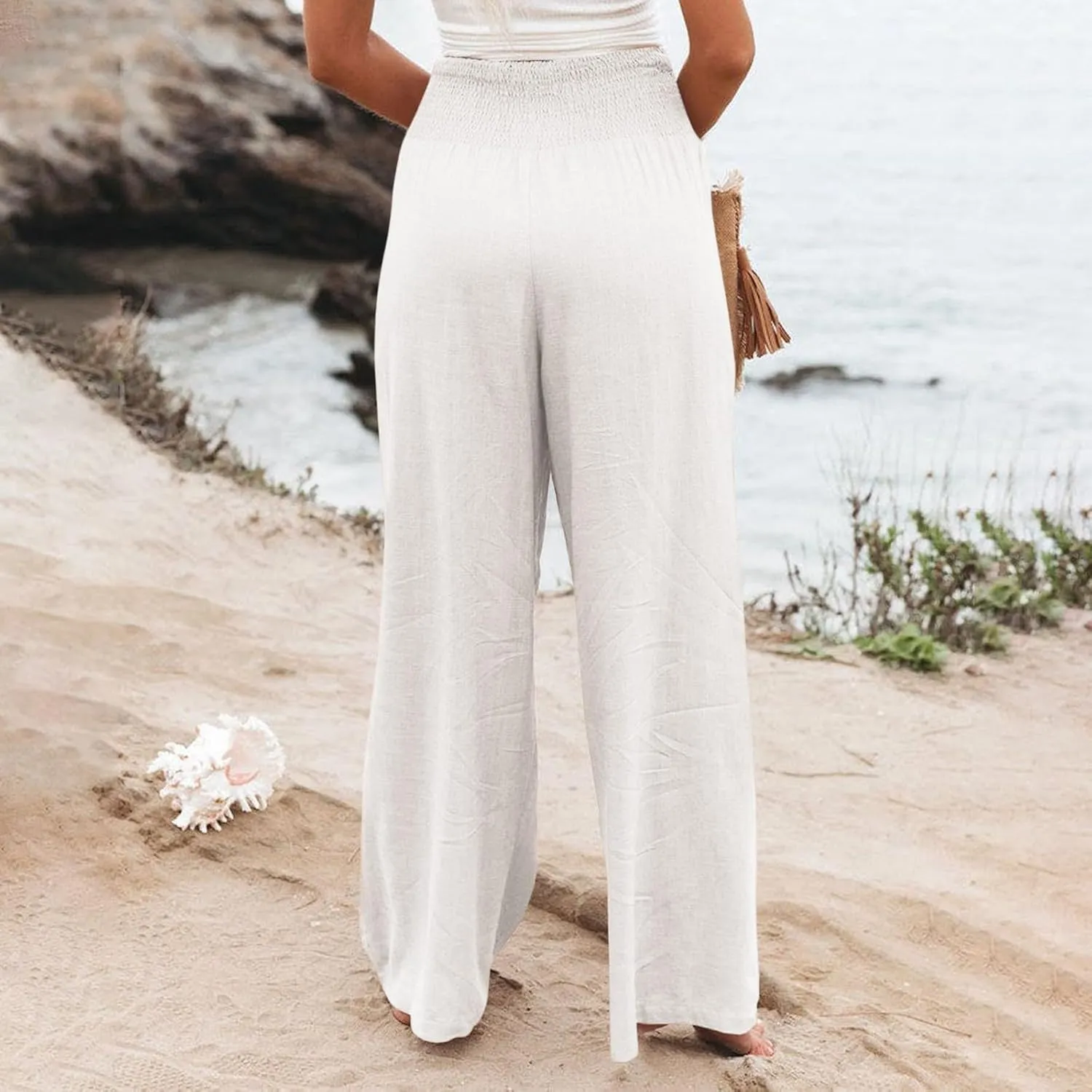 Women Linen Palazzo Pants Summer Wide Leg High Waisted Casual Cotton Long Lounge Yoga Beach Pant Trousers with Pocket