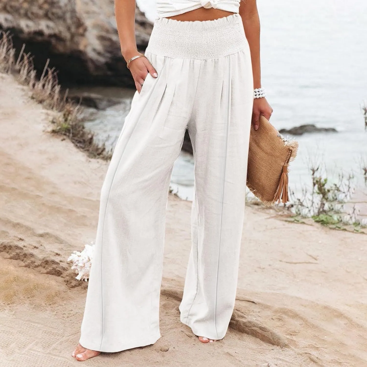 Women Linen Palazzo Pants Summer Wide Leg High Waisted Casual Cotton Long Lounge Yoga Beach Pant Trousers with Pocket