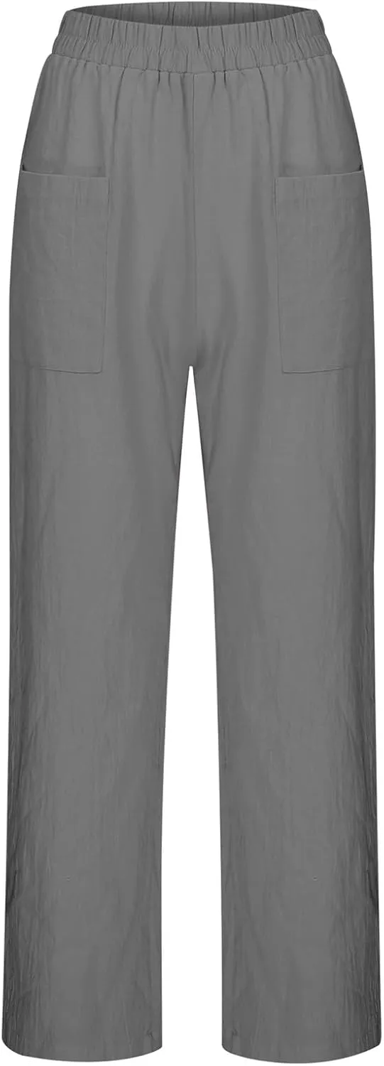 Women Linen Pants 2025 Summer Casual Loose Wide Leg Palazzo Pants Smocked Elastic High Waist Flowy Beach Trousers