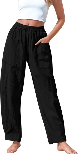 Women Linen Pants 2025 Summer Casual Loose Wide Leg Palazzo Pants Smocked Elastic High Waist Flowy Beach Trousers