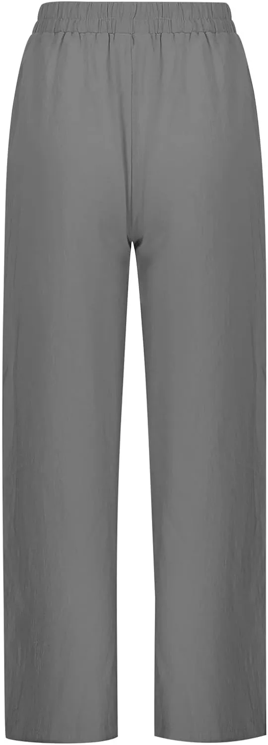 Women Linen Pants 2025 Summer Casual Loose Wide Leg Palazzo Pants Smocked Elastic High Waist Flowy Beach Trousers