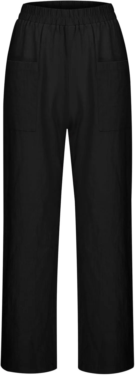 Women Linen Pants 2025 Summer Casual Loose Wide Leg Palazzo Pants Smocked Elastic High Waist Flowy Beach Trousers