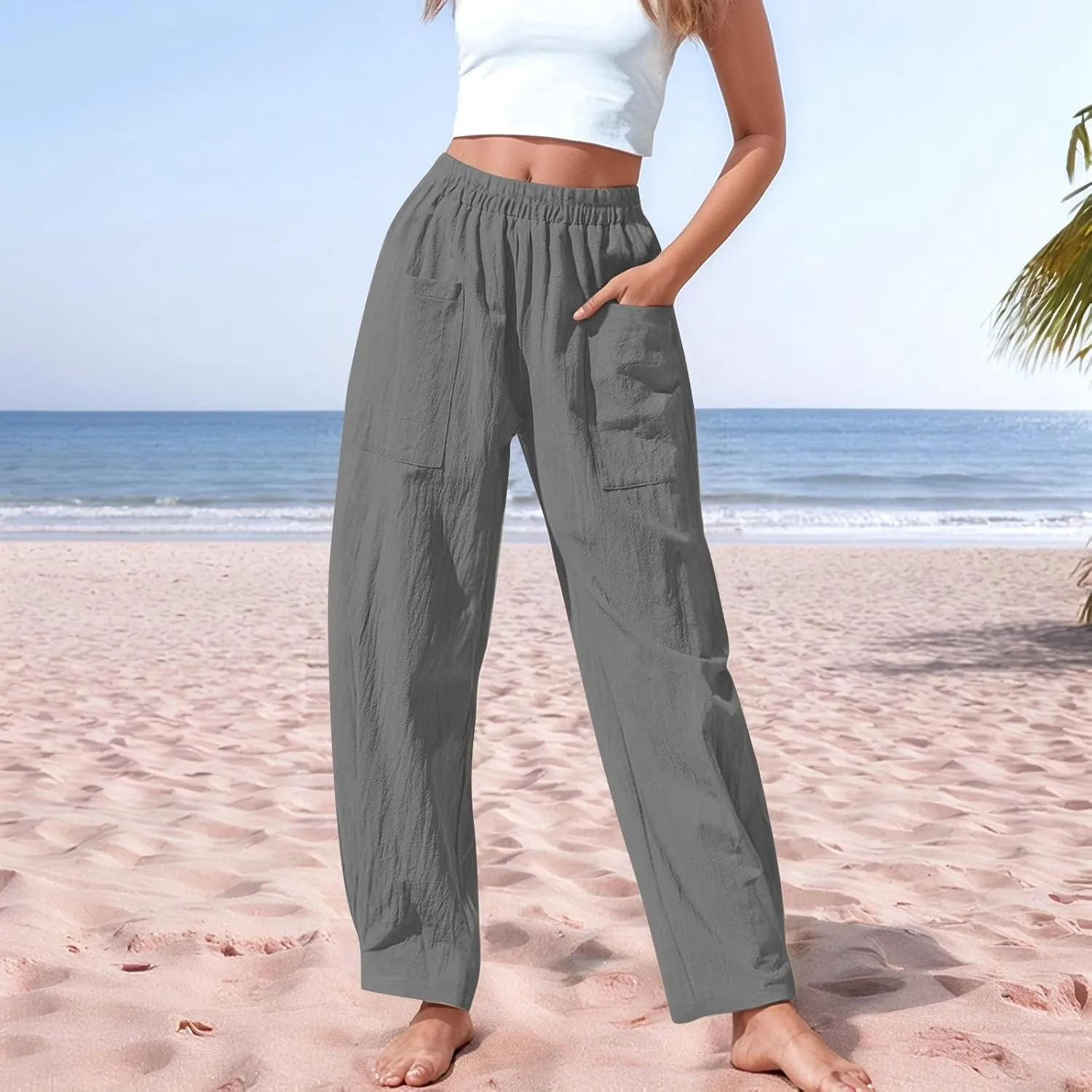 Women Linen Pants 2025 Summer Casual Loose Wide Leg Palazzo Pants Smocked Elastic High Waist Flowy Beach Trousers