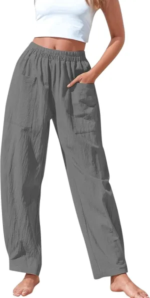 Women Linen Pants 2025 Summer Casual Loose Wide Leg Palazzo Pants Smocked Elastic High Waist Flowy Beach Trousers