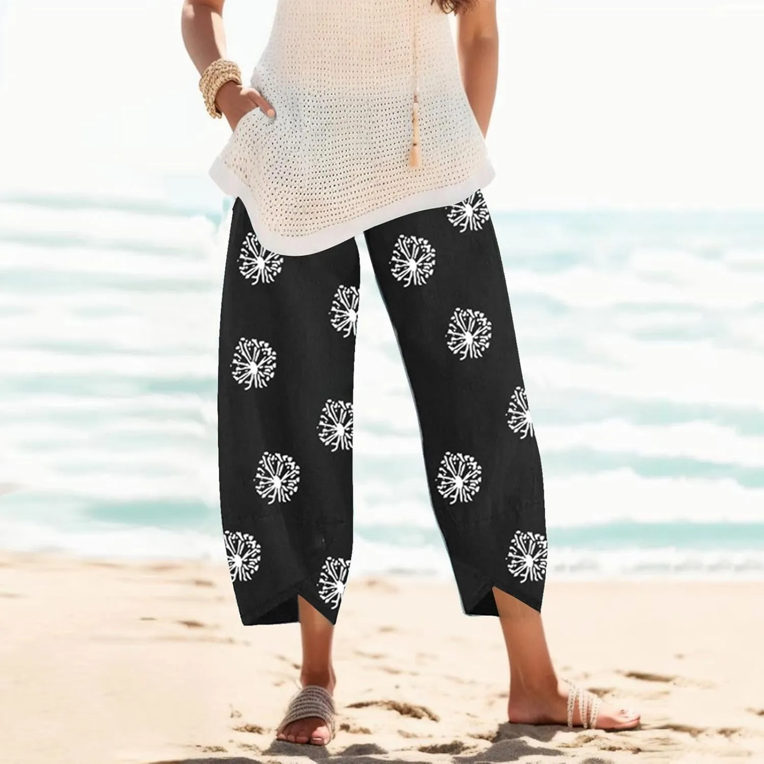 Women Linen Pants Loose Fit Summer Casual Boho Straight Leg Solid Color High Waist Linen Pants Stretch Trousers with Pockets