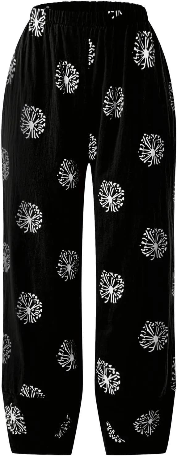 Women Linen Pants Loose Fit Summer Casual Boho Straight Leg Solid Color High Waist Linen Pants Stretch Trousers with Pockets