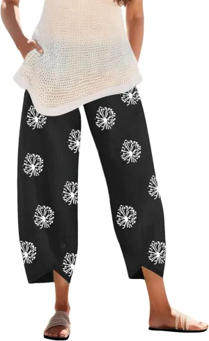 Women Linen Pants Loose Fit Summer Casual Boho Straight Leg Solid Color High Waist Linen Pants Stretch Trousers with Pockets