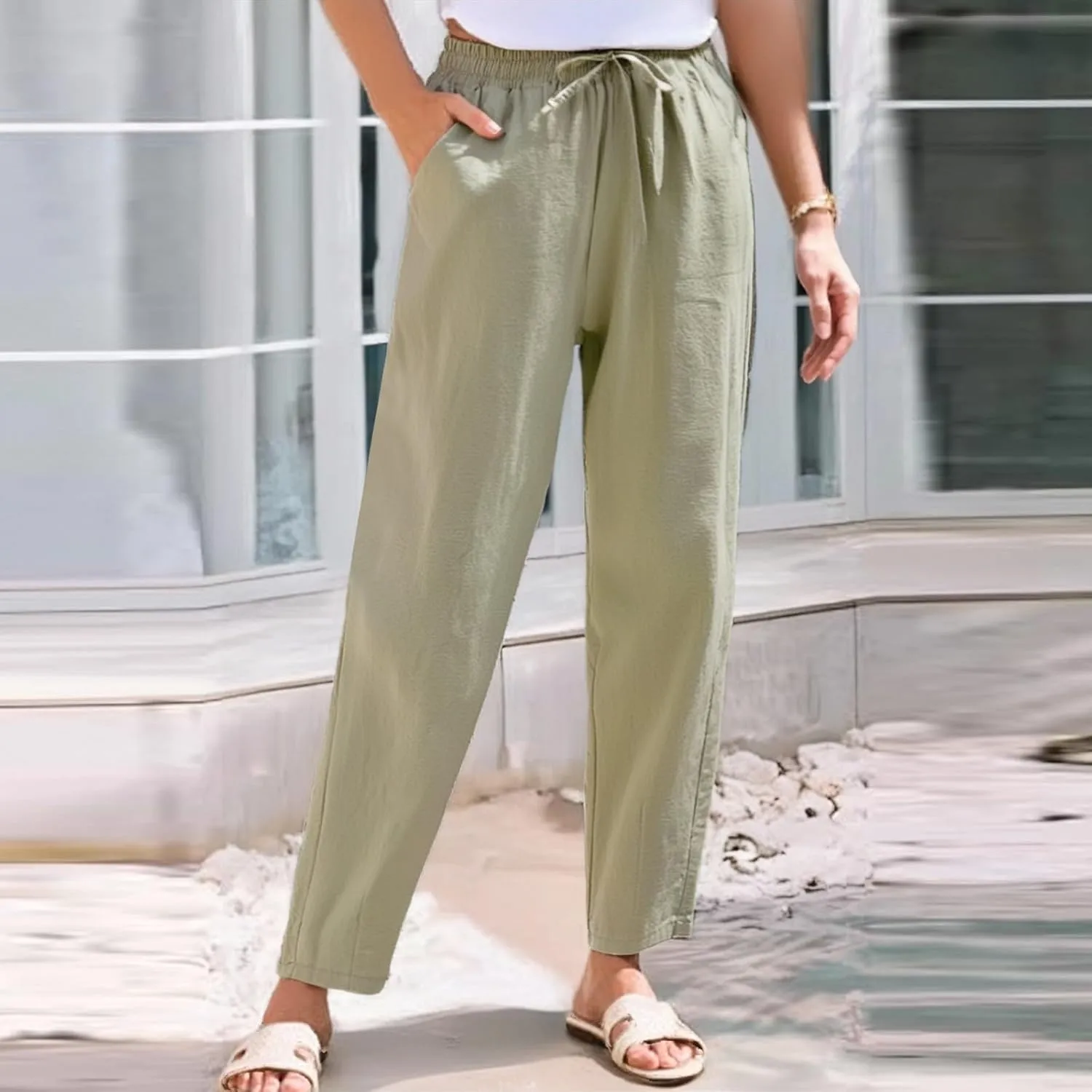 Women Linen Pants Loose High Waist Boho Wide Leg Cropped Palazzo Beach Pants Summer Beach Outfits 2025 Trendy
