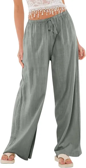 Women Linen Pants Summer Palazzo Pants Drawstring High Waist Trouser Pant Tummy Control Wide Leg Pant with Pockets