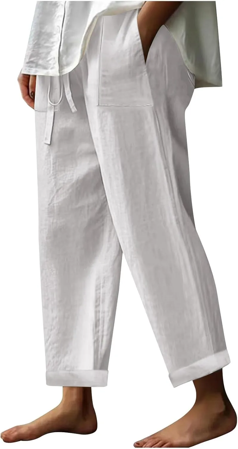 Women Linen Pants Wide Leg Straight Leg Slacks Casual Summer Pants Running Work Trousers with Pockets for Daily