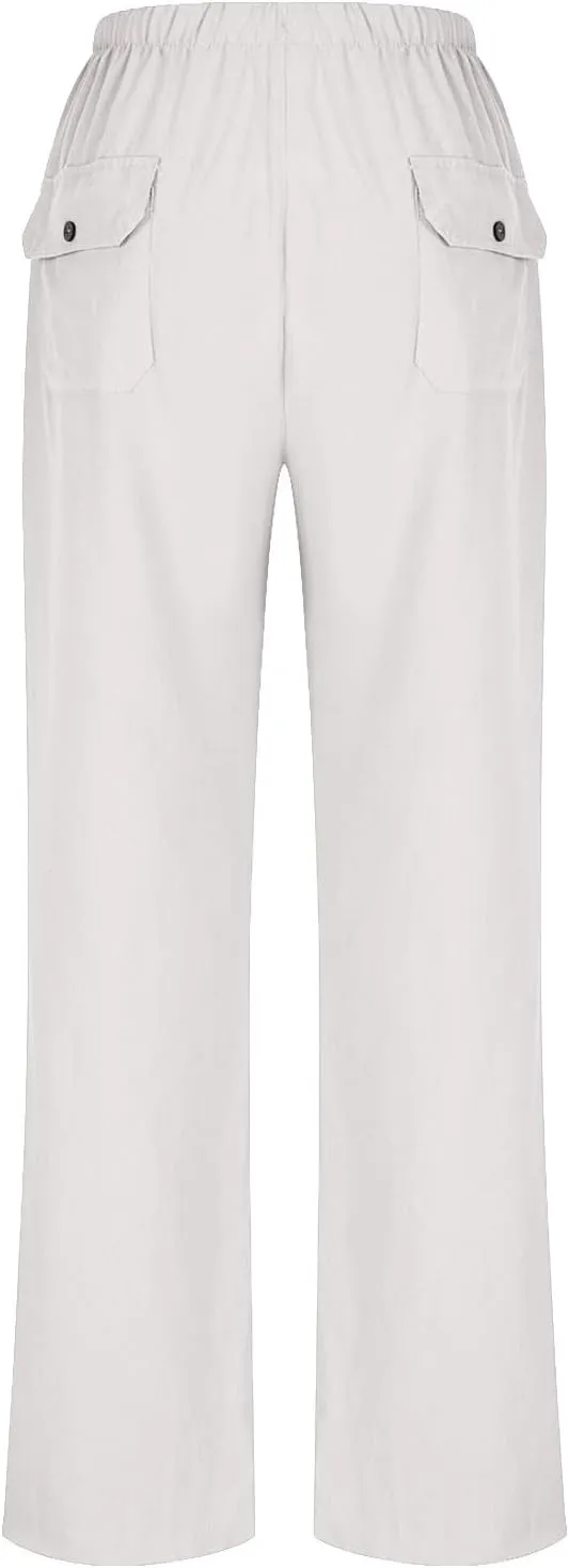Women Linen Pants Wide Leg Straight Leg Slacks Casual Summer Pants Running Work Trousers with Pockets for Daily