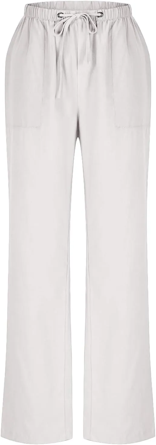 Women Linen Pants Wide Leg Straight Leg Slacks Casual Summer Pants Running Work Trousers with Pockets for Daily