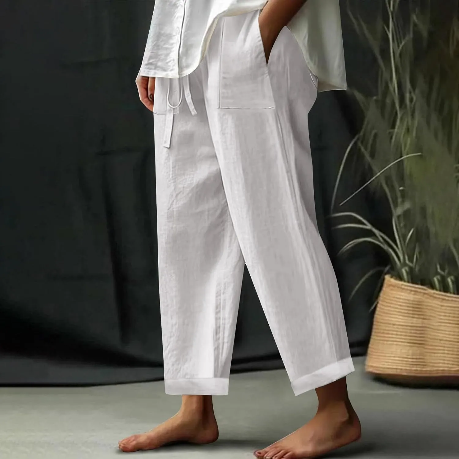 Women Linen Pants Wide Leg Straight Leg Slacks Casual Summer Pants Running Work Trousers with Pockets for Daily