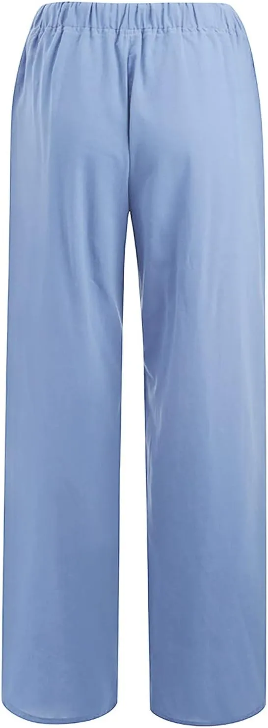 Women Linen Summer Casual Loose Palazzo Lounge Pants High Waist Bootcut Slim-Fit Pants Office