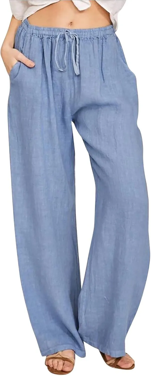 Women Linen Summer Casual Loose Palazzo Lounge Pants High Waist Bootcut Slim-Fit Pants Office
