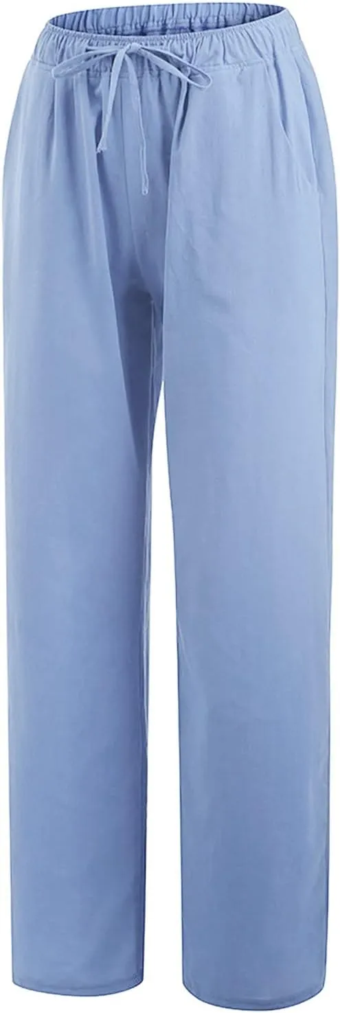 Women Linen Summer Casual Loose Palazzo Lounge Pants High Waist Bootcut Slim-Fit Pants Office