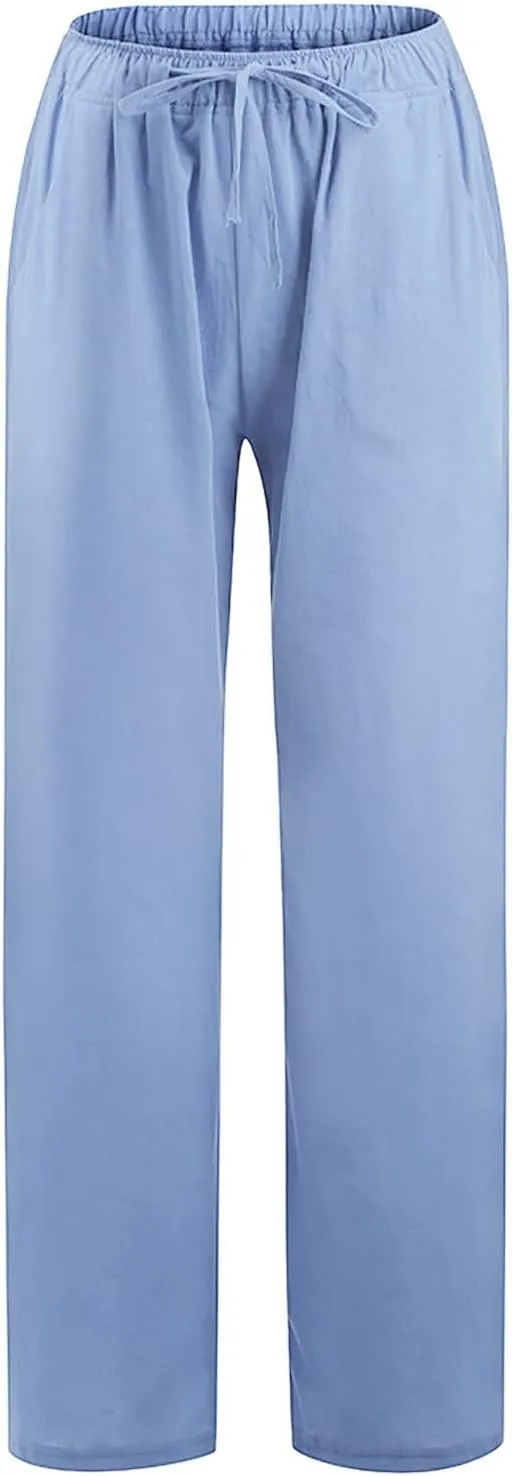 Women Linen Summer Casual Loose Palazzo Lounge Pants High Waist Bootcut Slim-Fit Pants Office