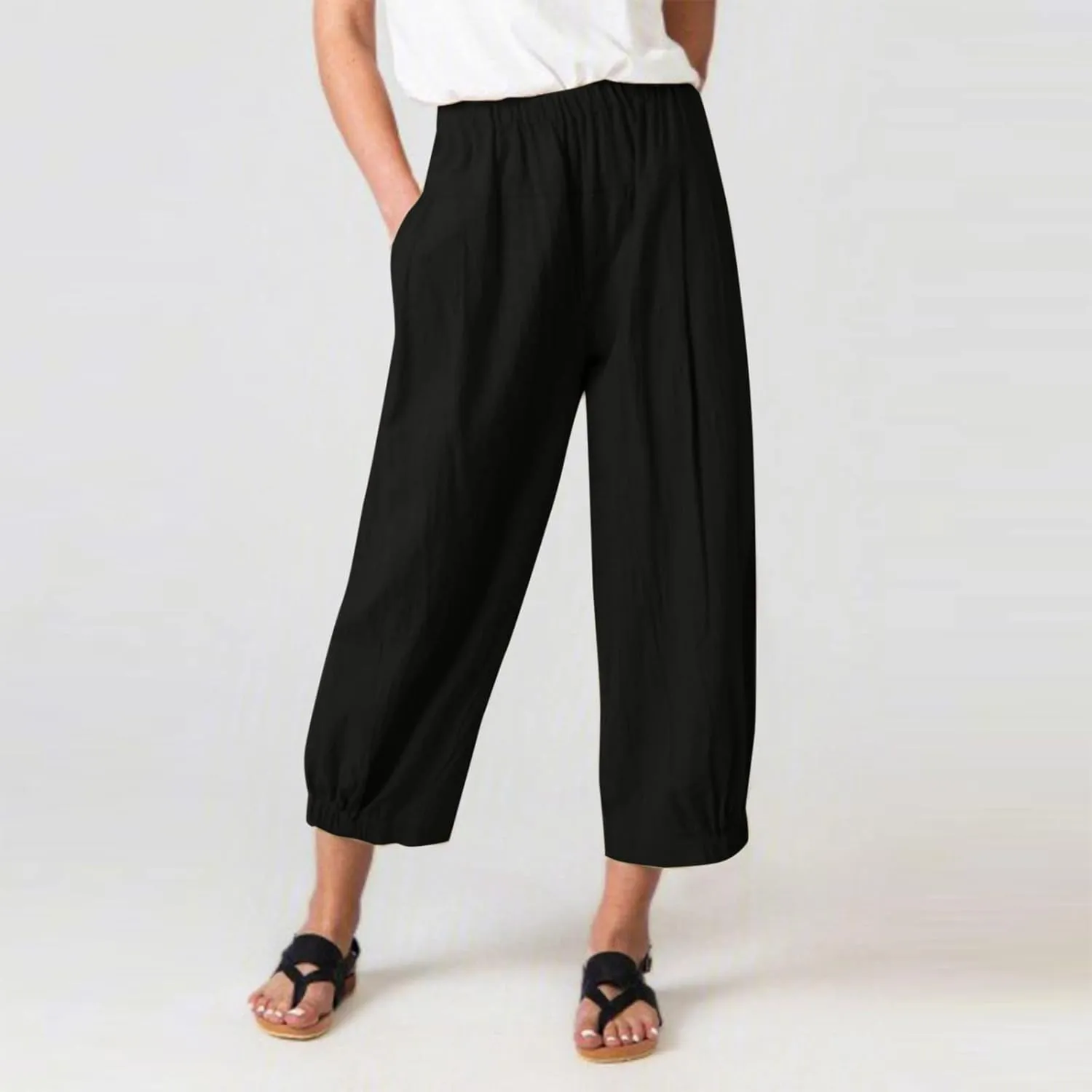 Women Linen Summer Drawstring Pant Trousers Low Waist Wide Leg Slim Fit Trousers Office
