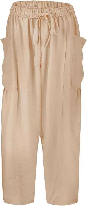 Women Linen Summer Floral Pant Trousers Elastic Waisted Wide Leg Slim-Fit Trousers Vacation